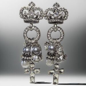 Massive Silver 4.5" Royal Crown Maltese Cross Charm Dangle Earrings